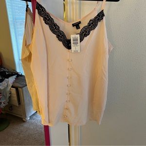 Torrid peach blush sheer button down top with black lace trim. Size 0, NWT